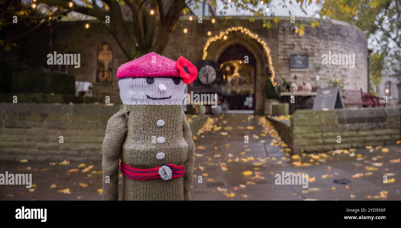 Ripon, North Yorkshire, Royaume-Uni. Housse de borne tricotée pour l'événement du jour du souvenir tenu dans la ville. Photographie légère attrapée/Alamy News. Banque D'Images