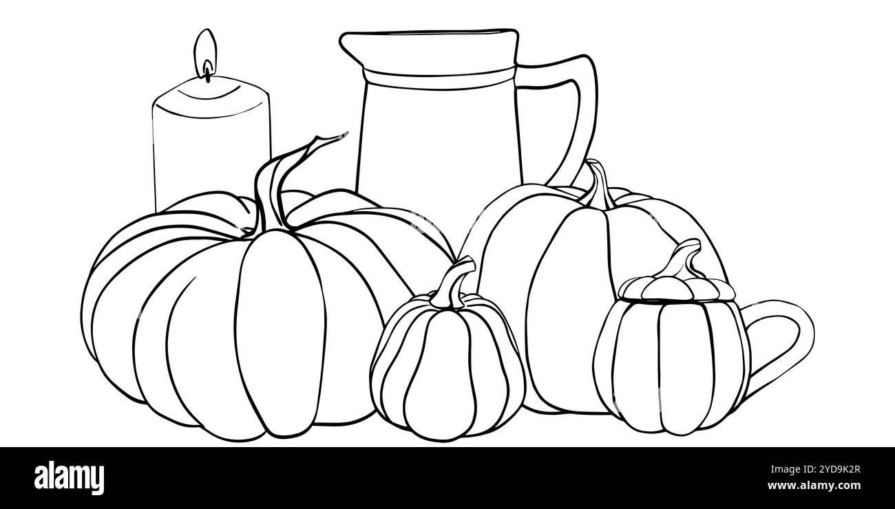 Croquis linéaire d'une composition de citrouille et d'épis de blé dans la cruche. Légumes d'illustration d'automne peints à l'encre noire. Tracé linéaire de contour Illustration de Vecteur