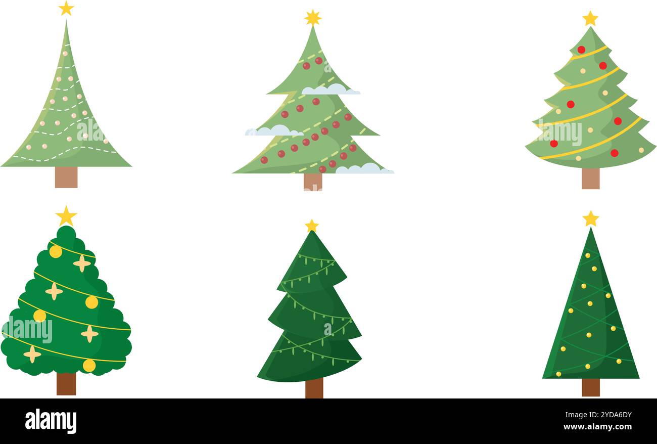 Set icône des arbres de Noël décorés avec étoile et ornements, vecteur Illustration de Vecteur