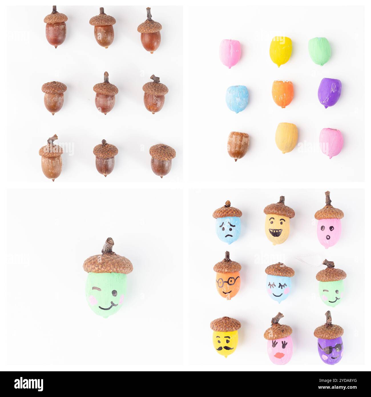 Artisanat de la nature d'automne pour les enfants, figurine faite de glands, activité pour les enfants, instruction étape par étape, les glands sont colorés dans des tons d'orange, vous Banque D'Images