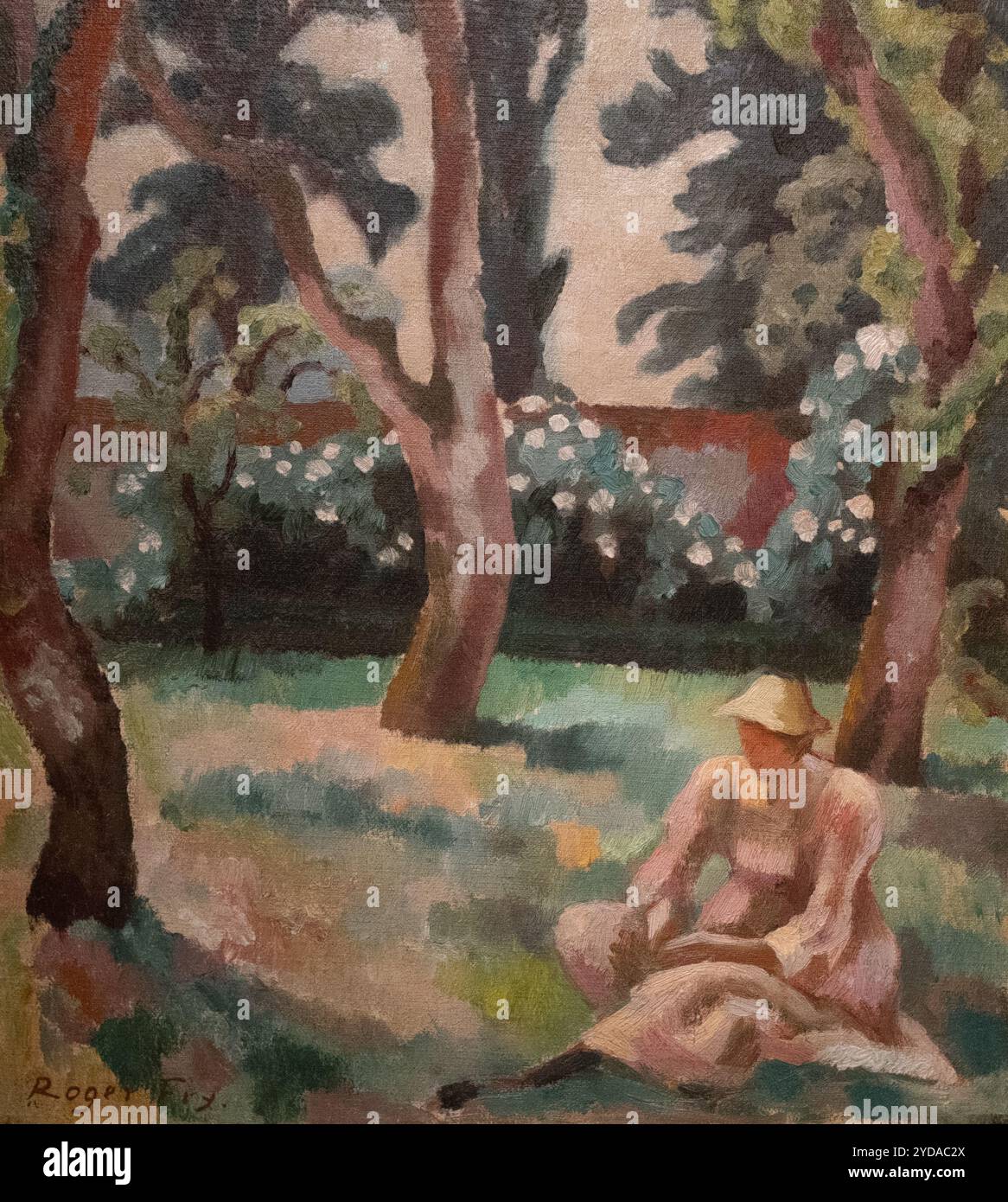 Roger Fry peinture, femme assise dans un jardin, 1912-1914, peintre anglais et membre du groupe Bloomsbury, peinture à l'huile des années 1900. Banque D'Images