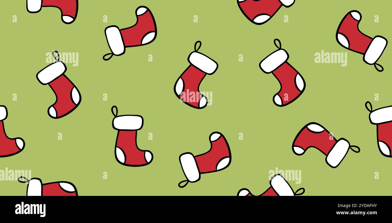 Bas de Noël modèle sans couture sur vert, illustration vectorielle de style doodle Illustration de Vecteur