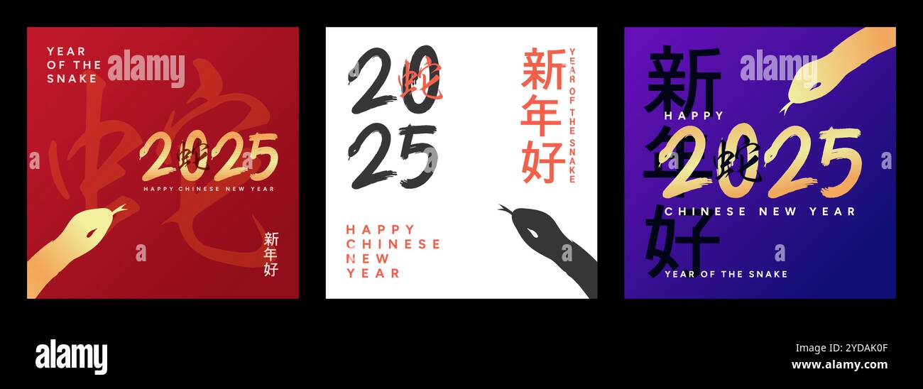 Nouvel an chinois 2025 année du serpent ensemble de bannières. Fond vectoriel et nombres calligraphiques avec la conception d'illustration de serpents. Cadres pour cartes de vœux. Illustration de Vecteur