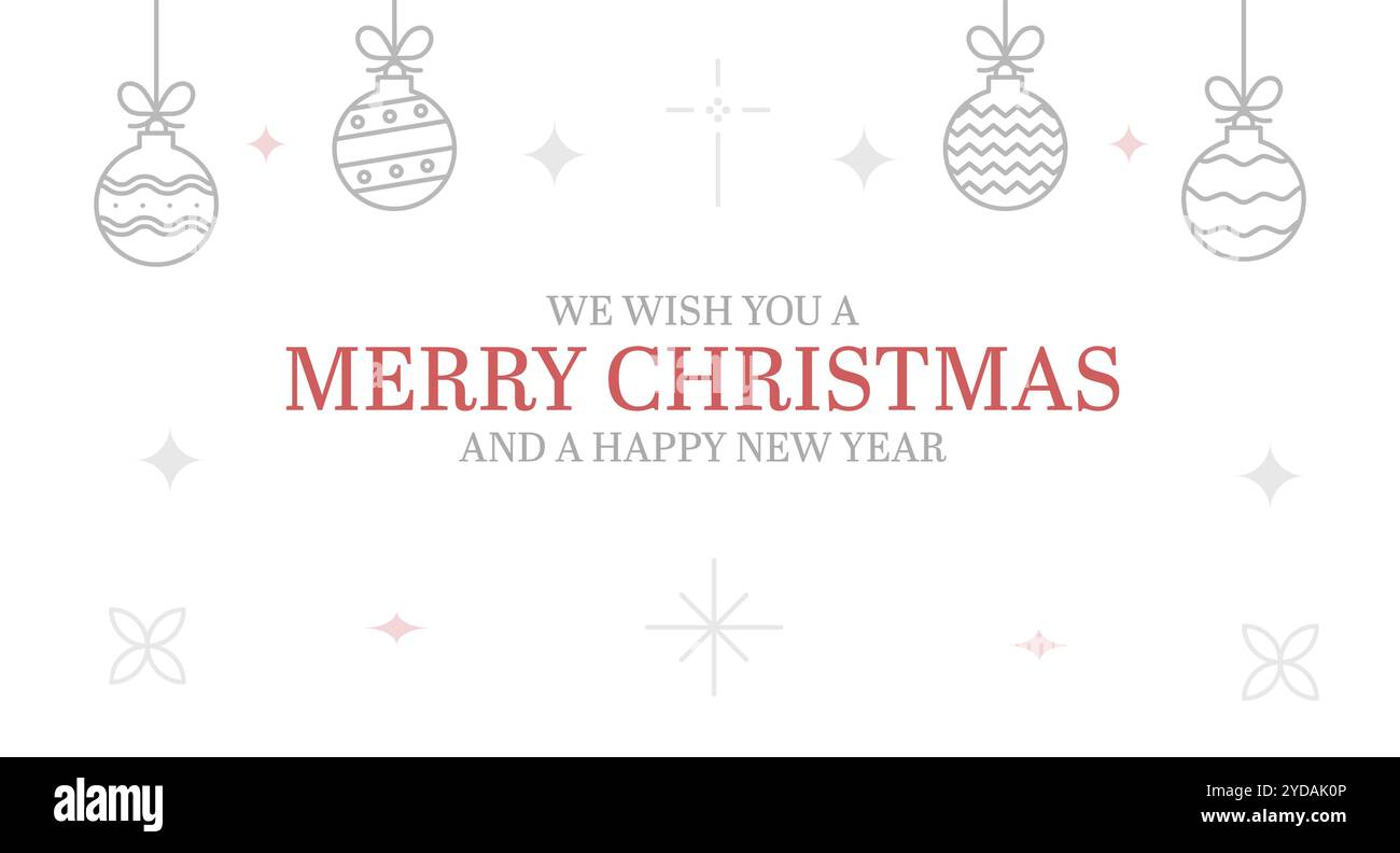 Bannière de Noël avec ornements festifs. Vecteur fond blanc, affiche ou carte avec Joyeux Noël et un message de nouvelle année heureuse Illustration de Vecteur