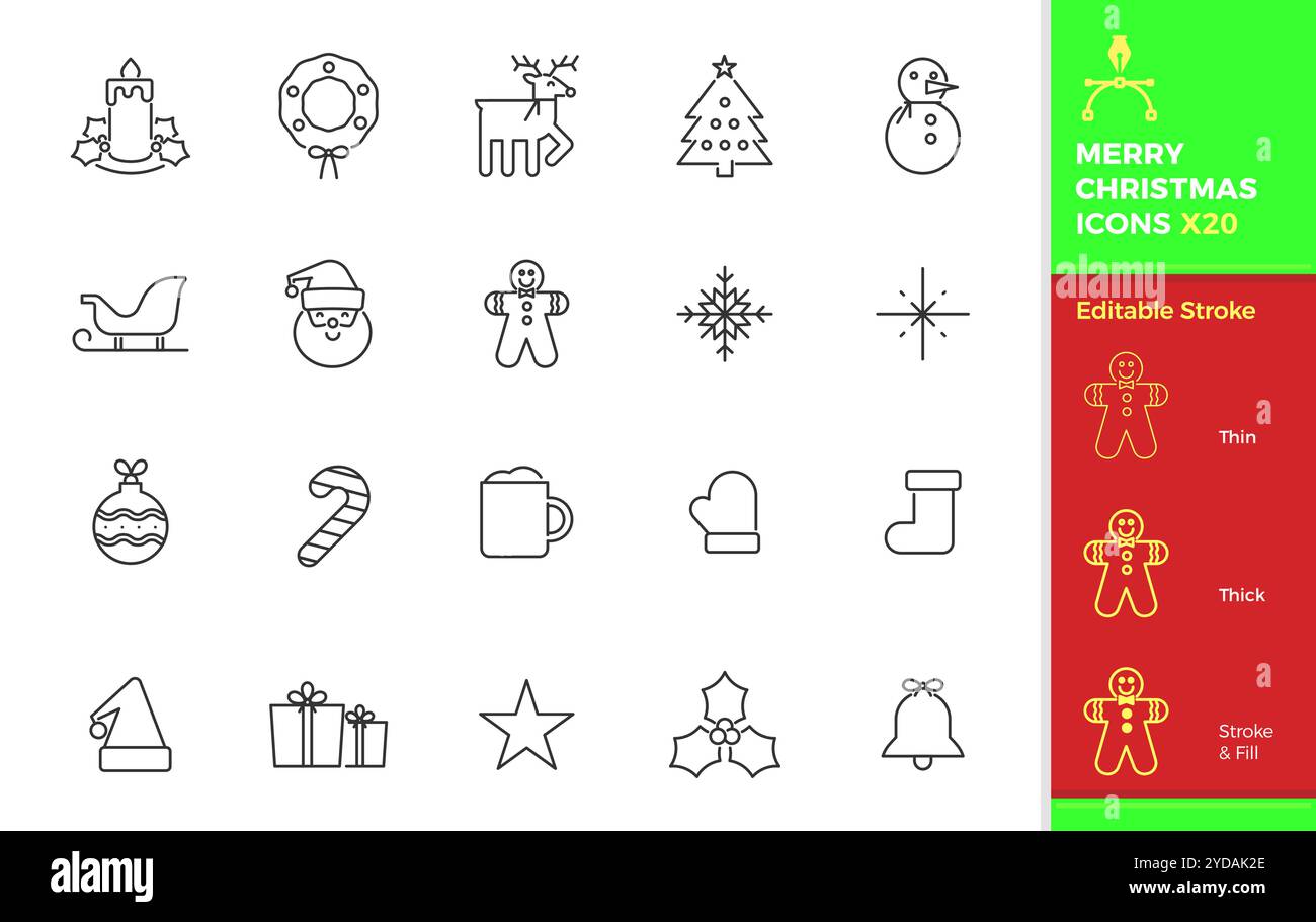 Ensemble d'icônes de joyeux noël. 20 éléments graphiques saisonniers festifs modifiables vectoriels Illustration de Vecteur