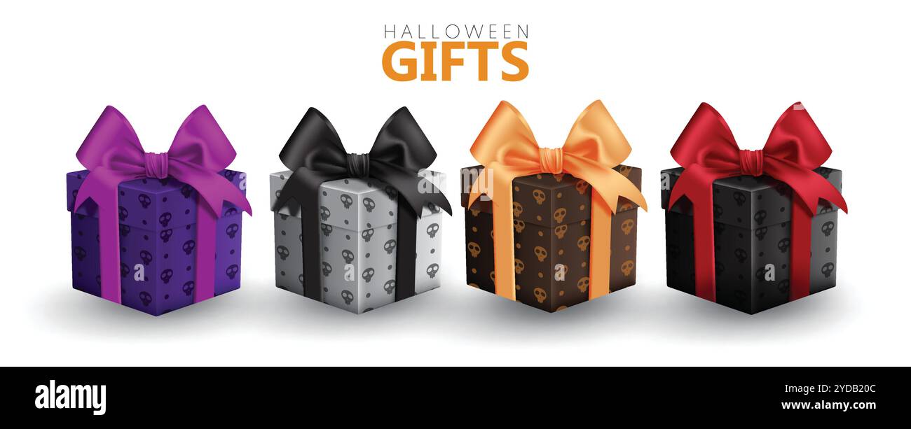 Halloween cadeaux éléments vecteur set design. Boîtes cadeaux Halloween avec motif de crâne et ruban élégant isolé sur fond blanc. Vecteur Illustration de Vecteur