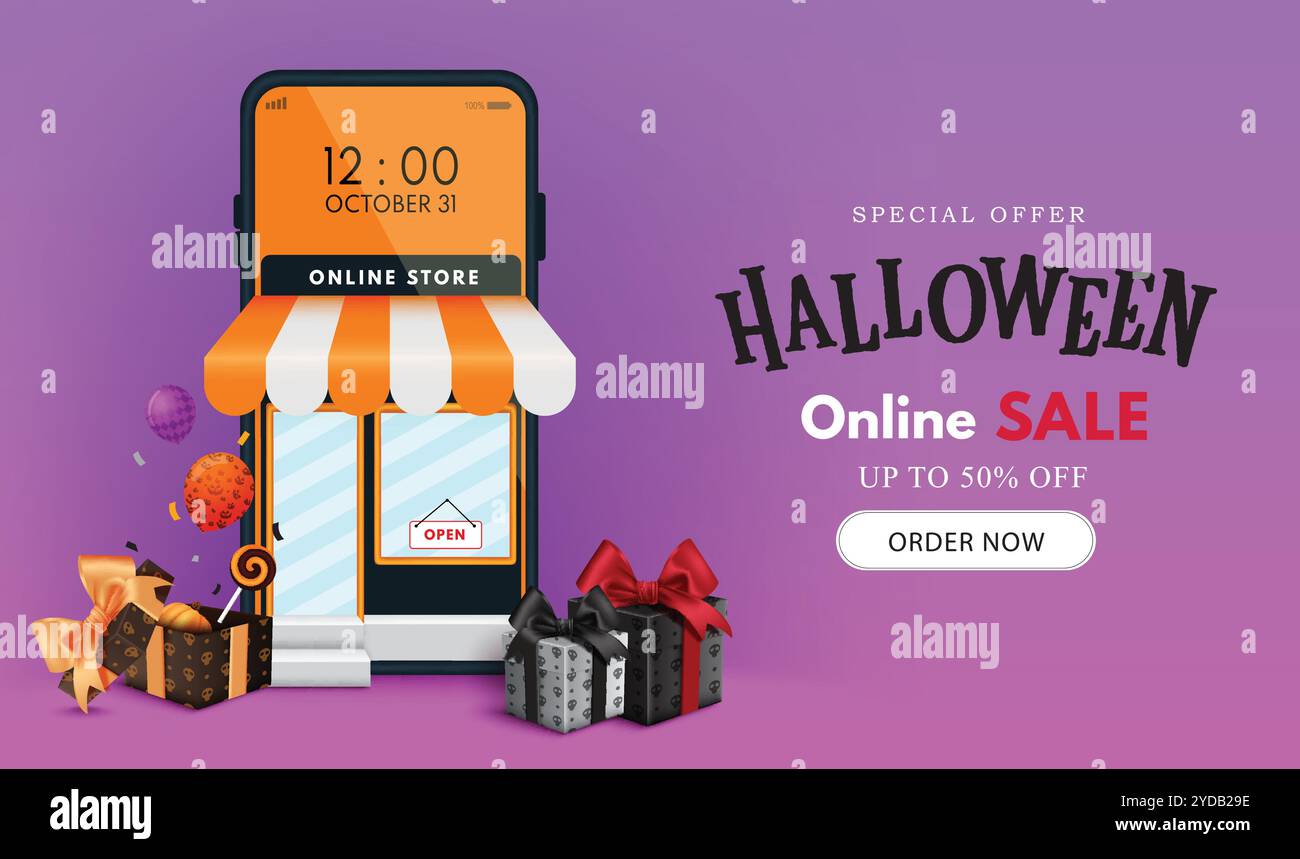 Conception de bannière vectorielle de vente en ligne d'Halloween. Texte d'offre spéciale de vente d'Halloween avec application de téléphone mobile pour le fond de publicité d'achat en ligne. Illustration de Vecteur