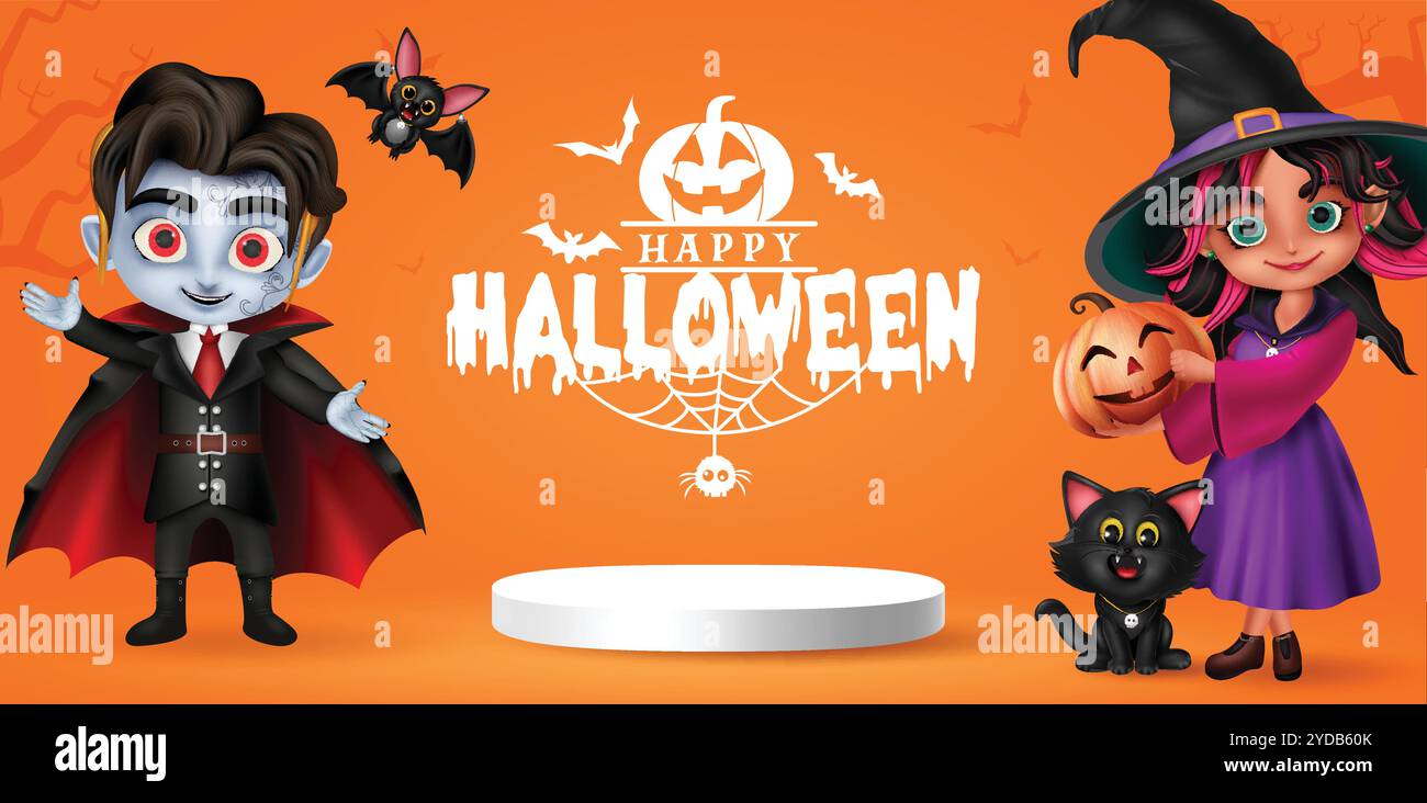 Conception de bannière vectorielle de texte halloween heureuse. Carte de voeux d'Halloween comme vampire, sorcière et personnages de chat avec scène de podium pour le shopping de vacances Illustration de Vecteur