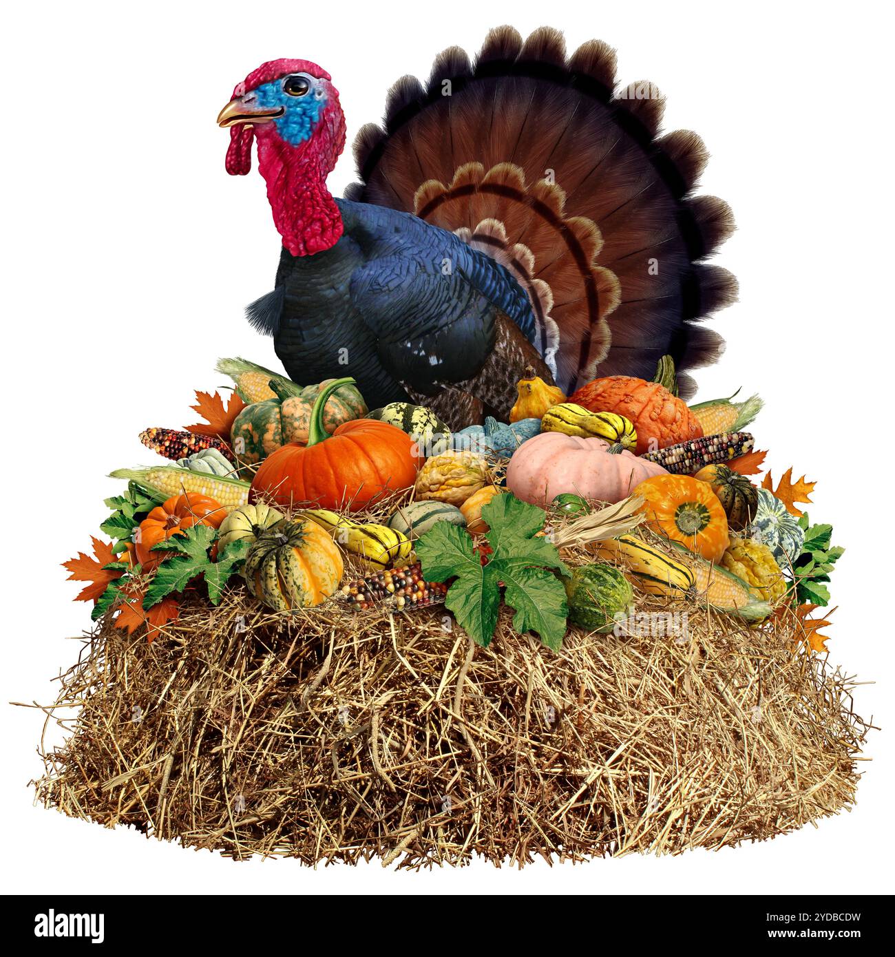 Thanksgiving Harvest Turkey comme produit d'automne sur un fond blanc comme un symbole agricole rustique traditionnel de la saison d'automne comme citrouilles Banque D'Images