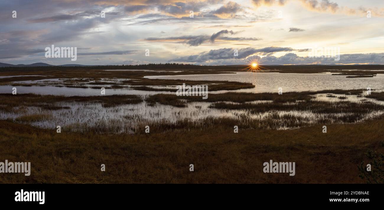 Coucher de soleil, lacs et landes, Laponie, Finlande, Europe Banque D'Images