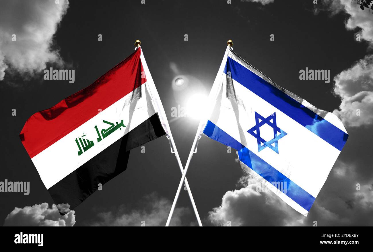 Drapeau israélien et drapeau irakien sur ciel nuageux. voler dans le ciel Banque D'Images