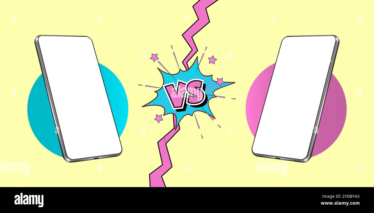 Modèle pour smartphones comparer dans le style Comic rétro, cadre de smartphone avec écran transparent, position pivotée de perspective de téléphone Banque D'Images