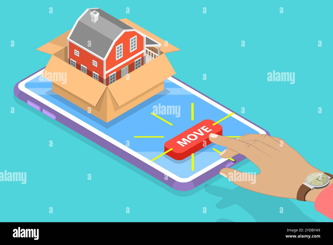Concept plat isométrique de la commande mobile mobile mobile à domicile, service de relocalisation, livraison rapide. Concept isométrique plat de déplacement à domicile m Banque D'Images