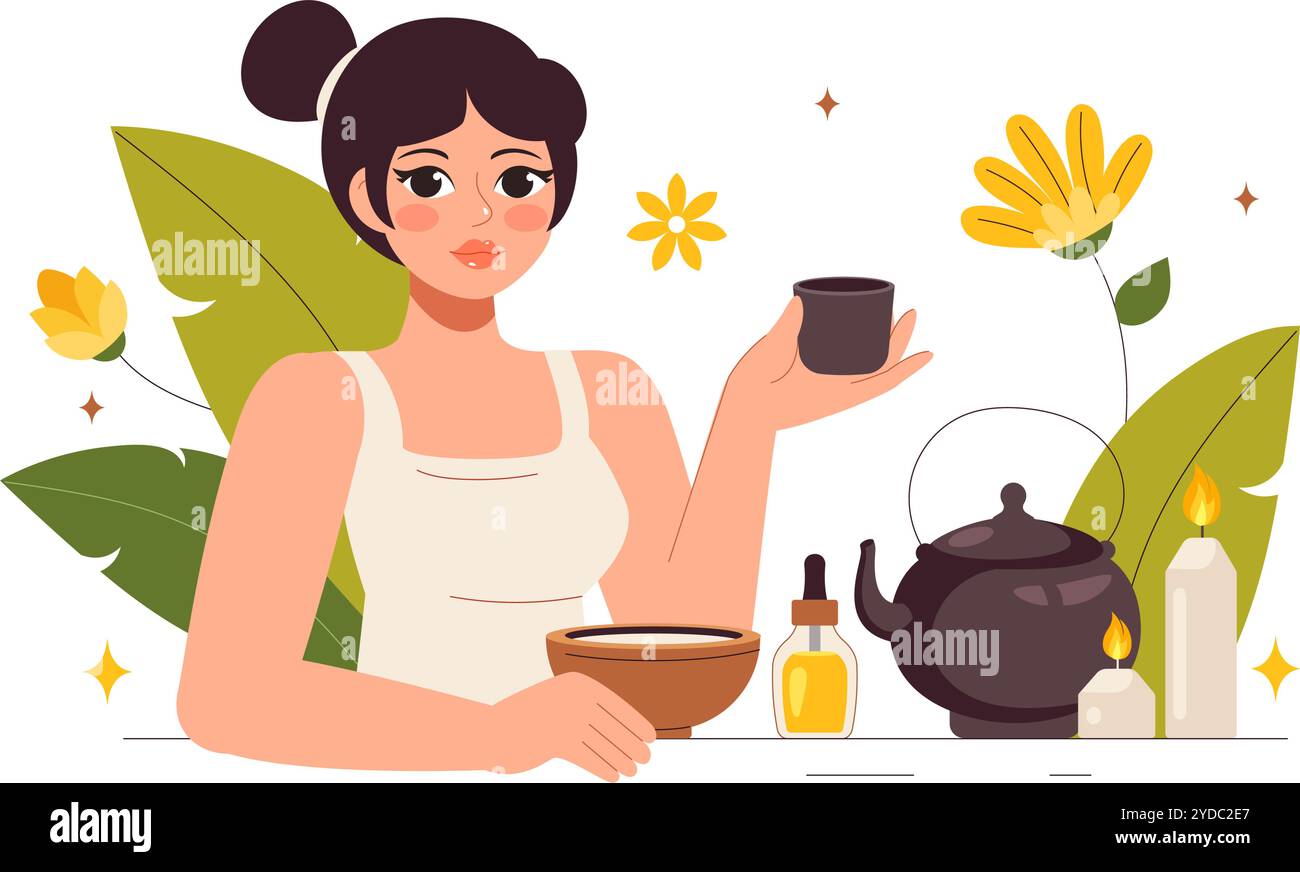 Illustration de Spa beauté et santé avec cosmétiques naturels et produits écologiques pour les traitements problématiques de la peau ou du visage chez une femme Illustration de Vecteur