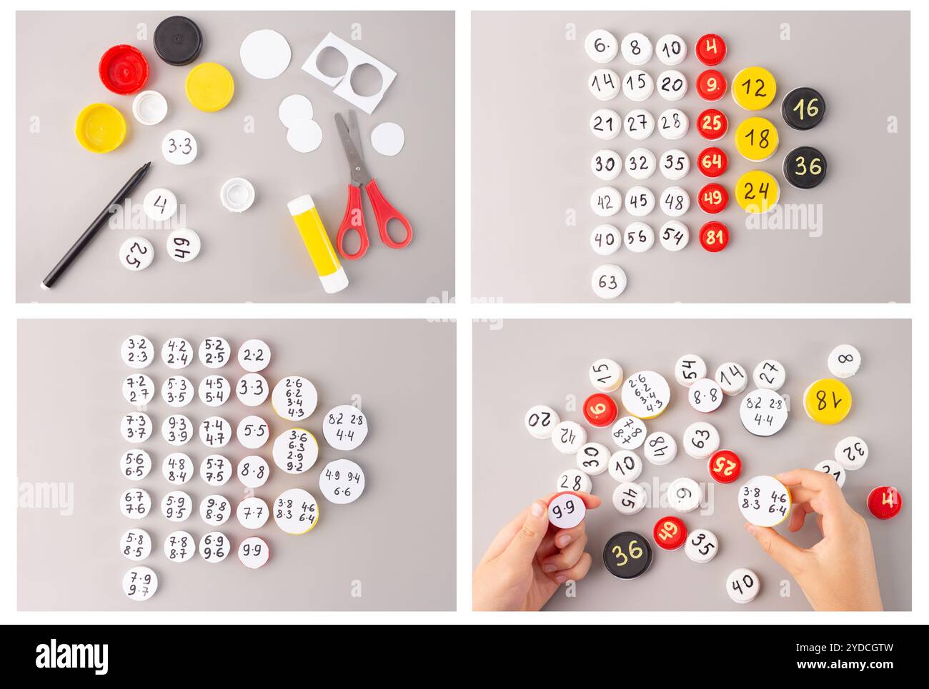Bouchons de bouteilles en plastique avec tableaux de multiplication écrits à la main disposés en rangées sur un fond gris. Outil d'apprentissage mathématique DIY pour l'éducation des enfants et m Banque D'Images