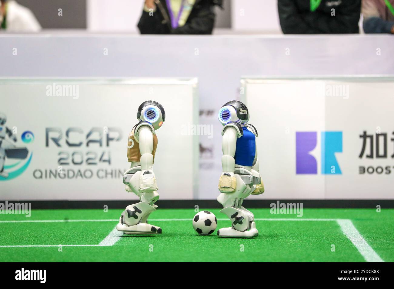 QINGDAO, CHINE - 26 OCTOBRE 2024 - Un robot joue dans un match de football au tournoi international sur invitation de Qingdao du Robo Asie-Pacifique 2024 Banque D'Images