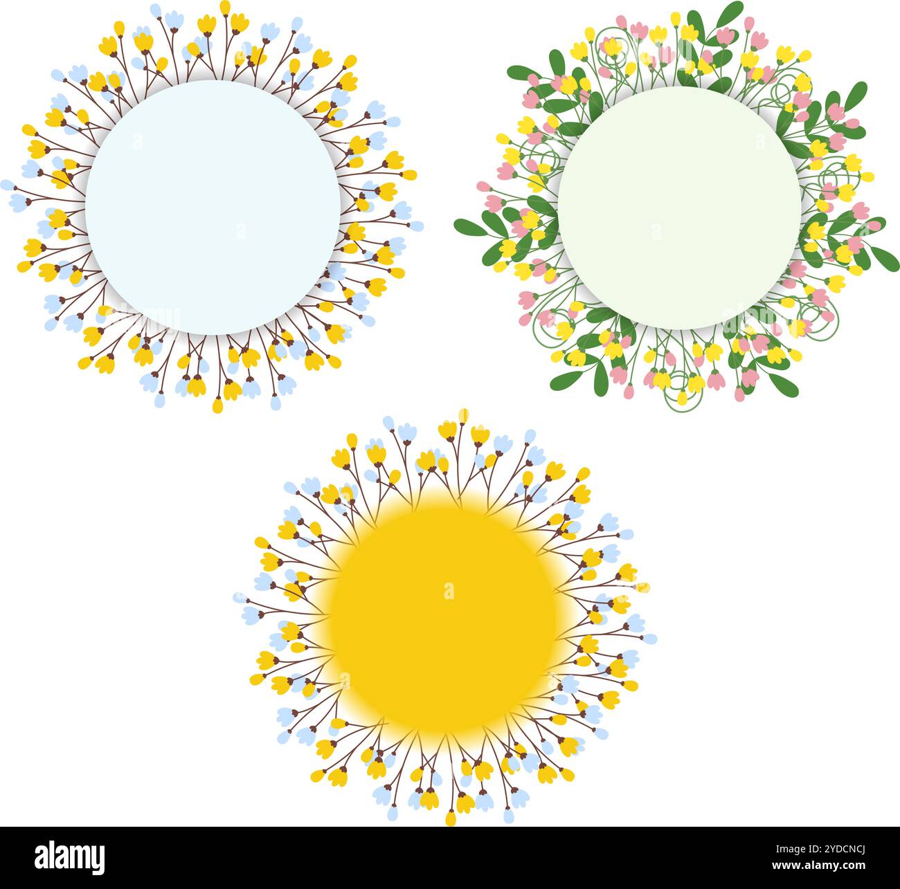 Fleurs brindilles et feuilles vertes Springtime Colorful Circle frames ensemble de 3 modèles de voeux de Pâques. Illustration vectorielle isolée lettrage ou cartes couverture, affiches, bannière, salutations, invitation ou web Illustration de Vecteur