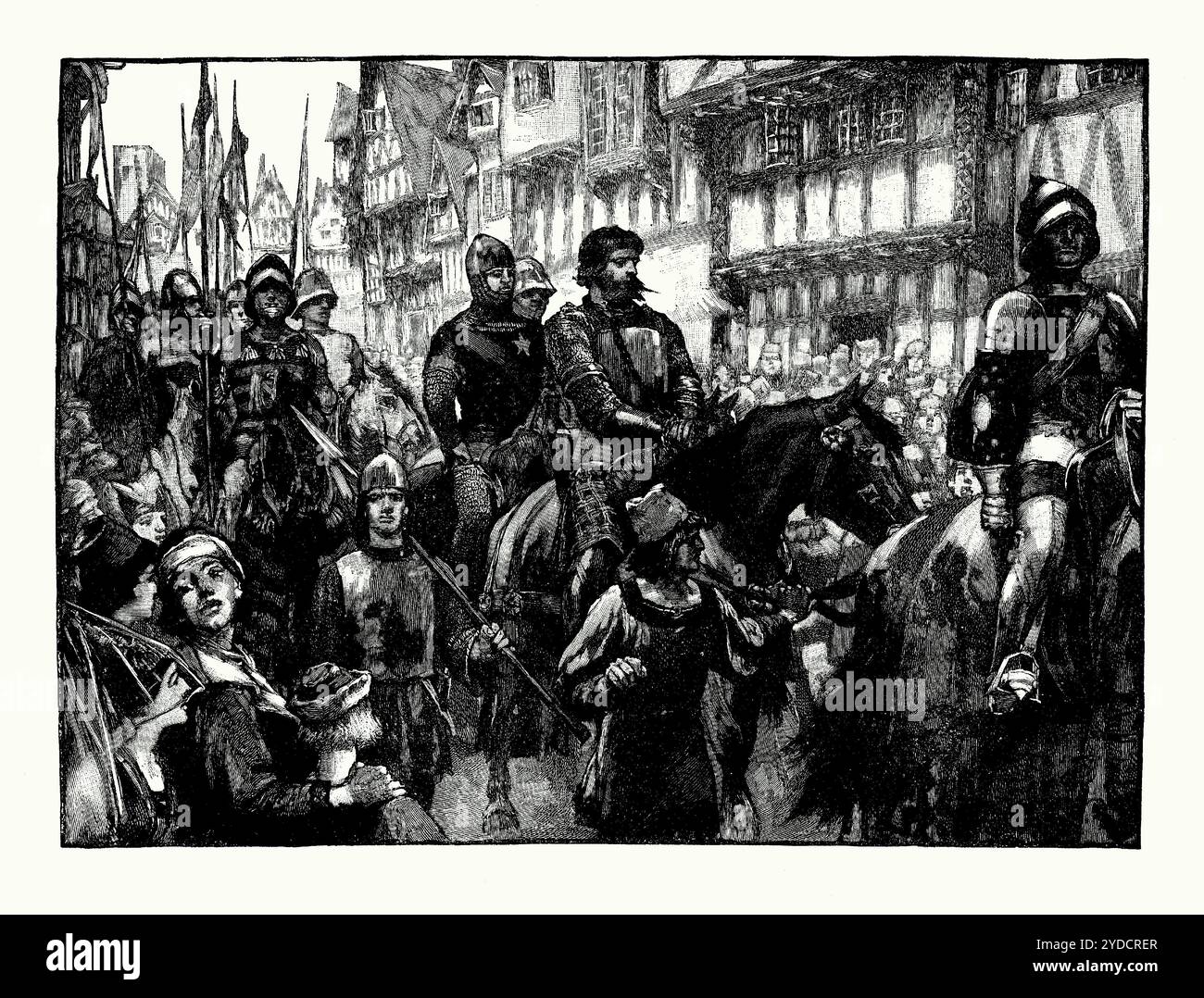 Une vieille gravure de Sir William Wallace, sur son chemin pour procès à Westminster, Londres, Angleterre, Royaume-Uni en 1305. Il est tiré d'un livre d'histoire victorienne de c.1900. Wallace (c.1270-1305) est l'un des leaders de la première Guerre d'indépendance écossaise. Il bat les Anglais à la bataille de Stirling Bridge en 1297. Il est défait à la bataille de Falkirk en 1298. En 1305, Wallace est capturé et remis au roi Édouard Ier d'Angleterre. Lors de son procès, il a été accusé d'être un hors-la-loi et un traître. Il n'avait pas d'avocats et n'était pas autorisé à parler. Il a été reconnu coupable et exécuté. Banque D'Images
