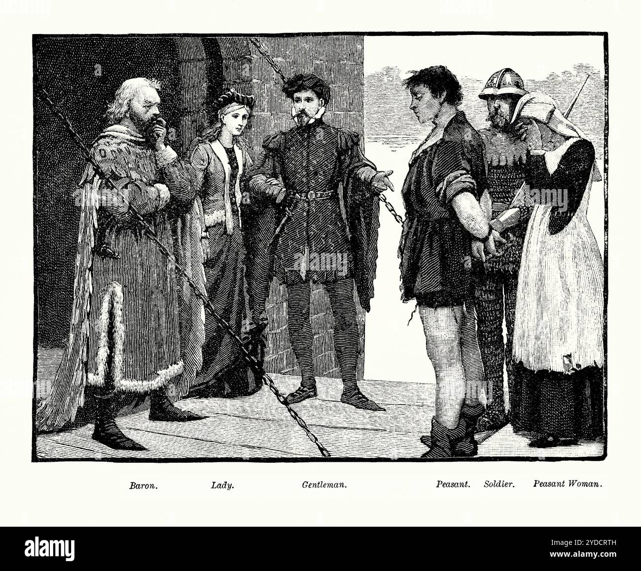 Une vieille gravure des vêtements portés en Angleterre, Royaume-Uni à l'époque médiévale dans les années 1300 Il est tiré d'un livre d'histoire victorienne de c.1900. Au moyen âge en Angleterre, les vêtements différaient considérablement pour les hommes et les femmes ainsi que pour les différentes classes de la hiérarchie sociale. Au début du moyen âge, les vêtements étaient généralement simples. Au fur et à mesure que le temps passait avec l'avènement de textiles mieux faits, les vêtements devenaient de plus en plus complexes et élégants. Vers 1300, les robes de femmes aisées ont commencé à s'ajuster plus étroitement et avaient des décolletés plus bas. Les vêtements étaient superposés. À cette époque, le surcoat est entré en usage. Banque D'Images