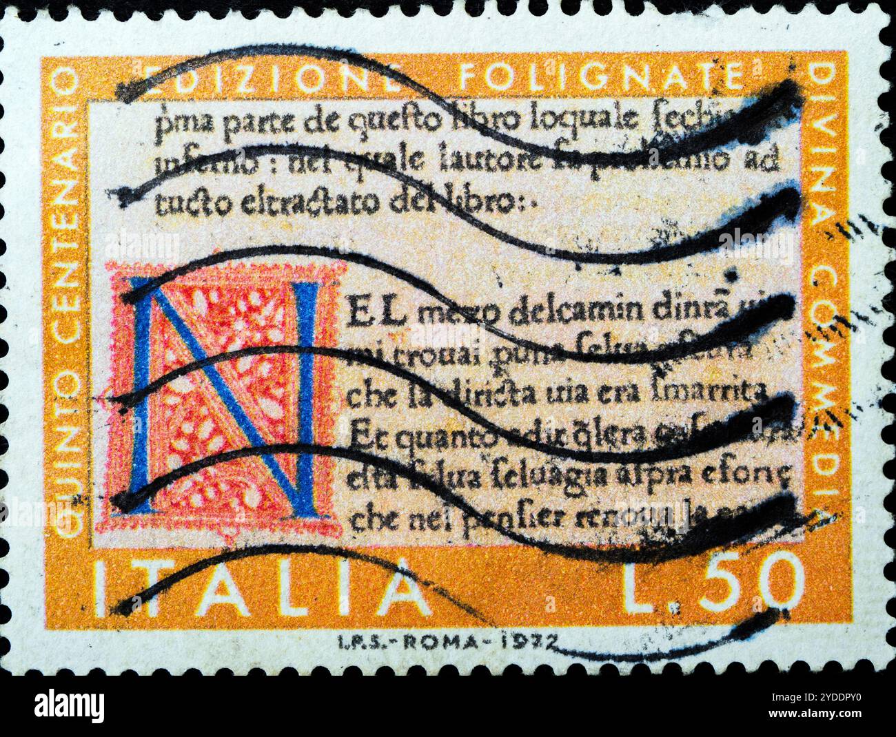 Edizione di Foligno della divina commedia - 5ème centenaire des trois premières éditions de la Divine Comédie 1972 - timbre-poste italien Banque D'Images