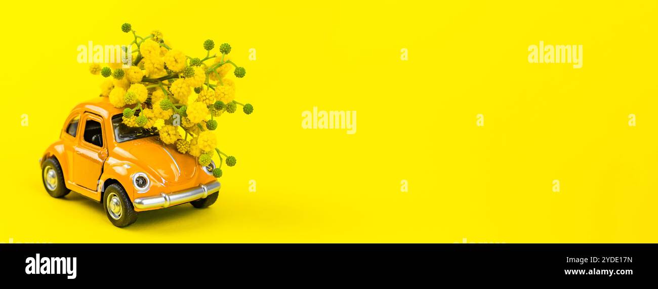 Modèle de jouet de voiture livrant un bouquet de fleurs de mimosa Banque D'Images
