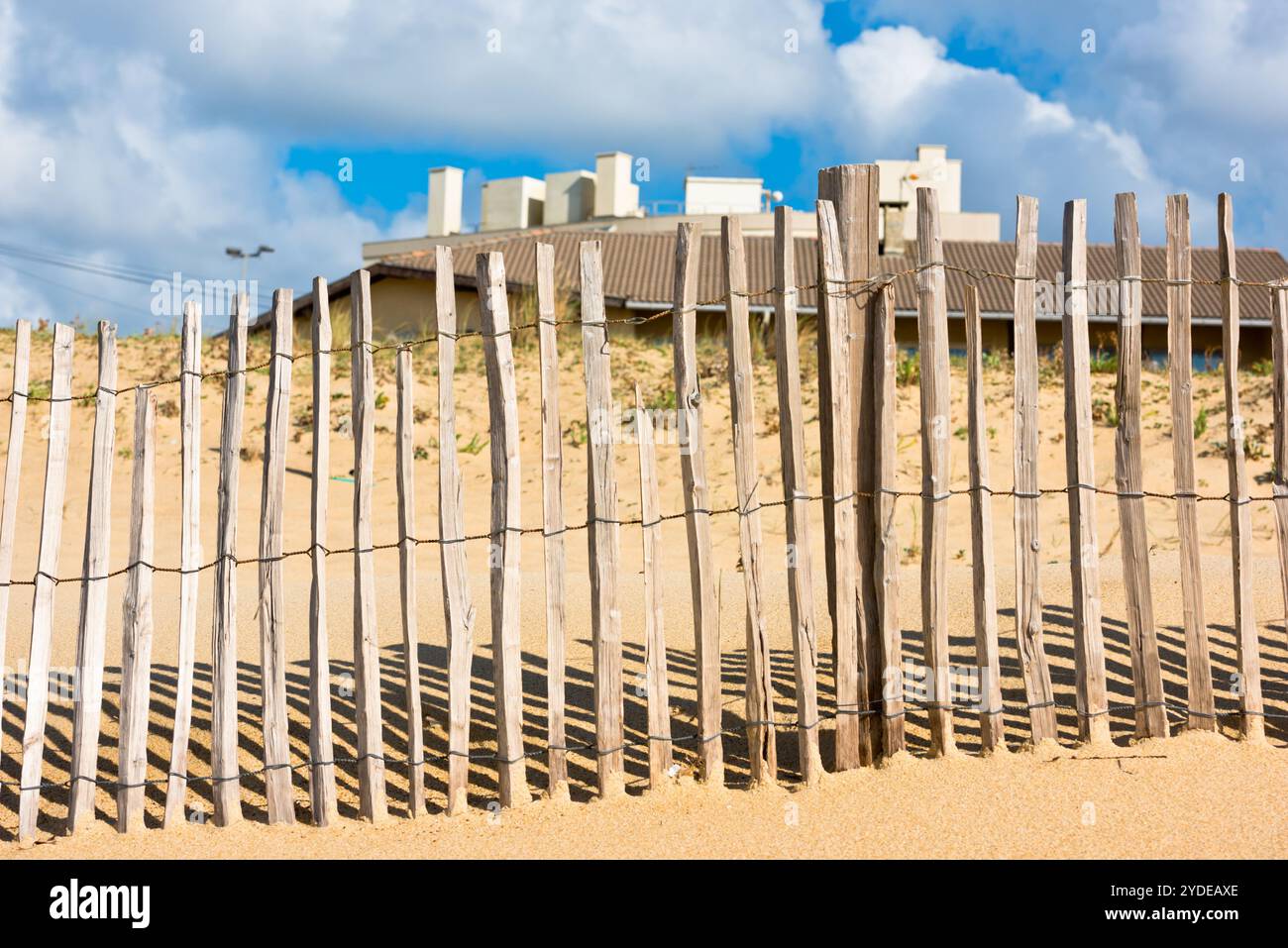 Clôture en bois sur la plage de l'Atlantique en France Banque D'Images