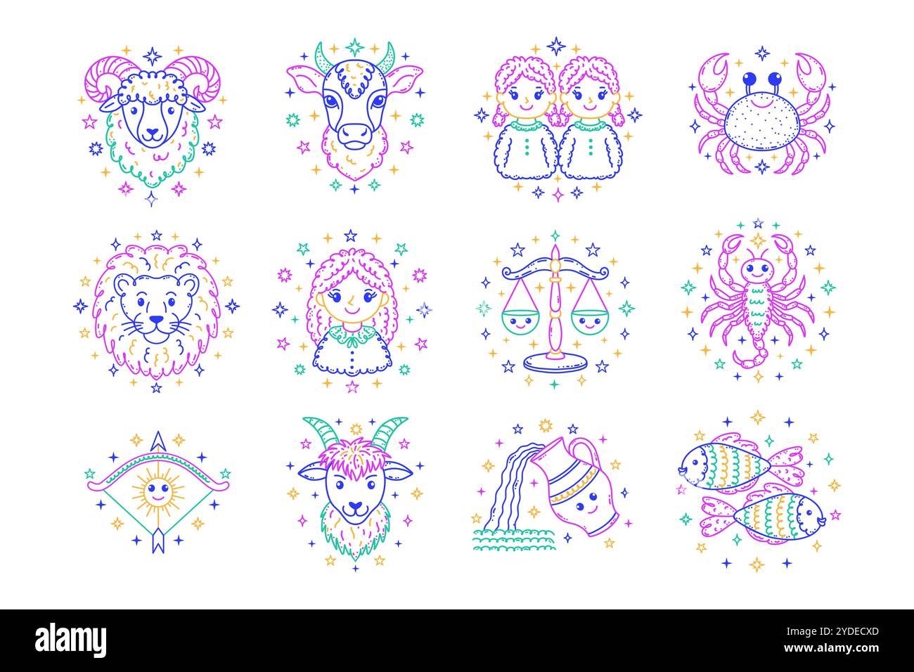 Ensemble de signes du zodiaque dans le style doodle Illustration de Vecteur