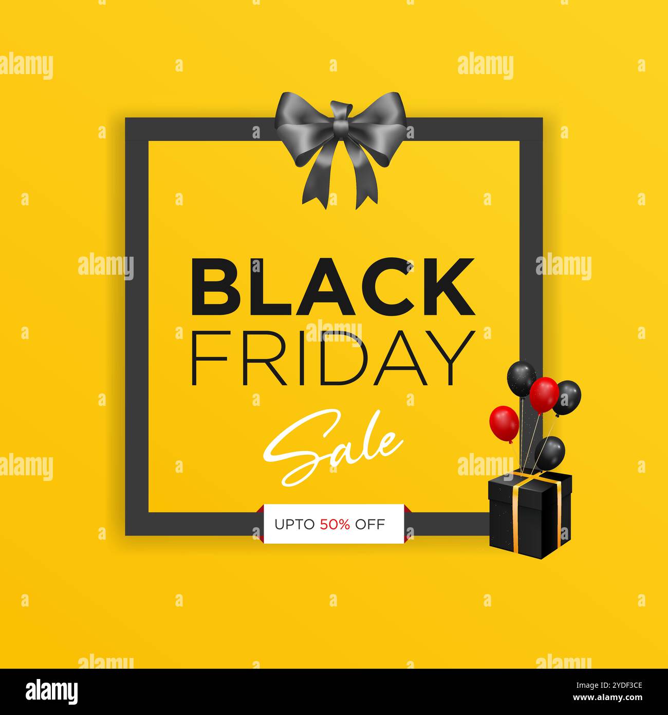 Bannière de vente de vendredi noir, affiche, ou modèle de conception de flyer, bannière typographie de fond jaune de vendredi noir, bordure, ruban, ballons Illustration de Vecteur