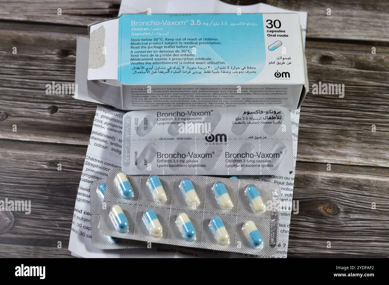Le Caire, Egypte, 4 octobre 2024 : Brongo-Vaxom capsules pour enfants 3.5mg immunothérapie de l'infection des voies respiratoires, traitement, contrôle, prévention an im Banque D'Images