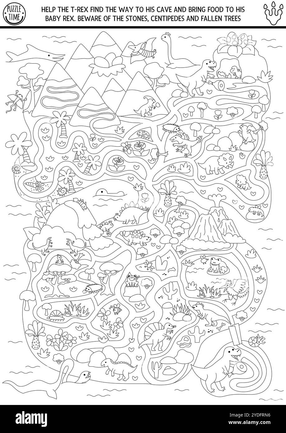 Dinosaure labyrinthe noir et blanc pour les enfants. Coloriage avec paysage du monde antique ou carte. Activité imprimable de ligne préhistorique. Dino Land labyrinthe GA Illustration de Vecteur