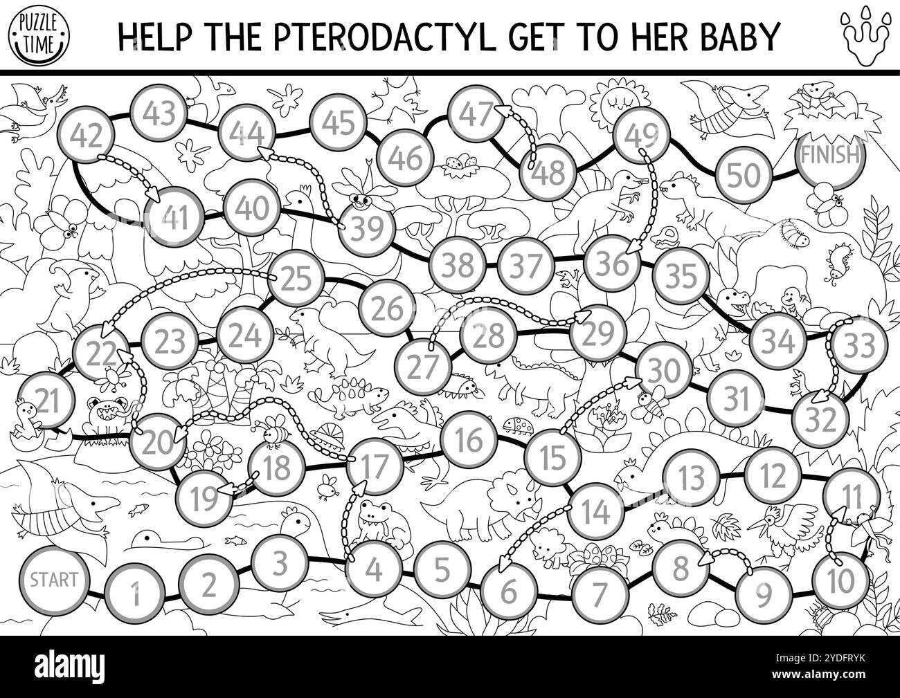 Jeu de plateau de dés noir et blanc de dinosaure pour les enfants avec des animaux, scène du monde antique. Jeu de société en ligne préhistorique avec t-rex, tricératops, stegosaur Illustration de Vecteur