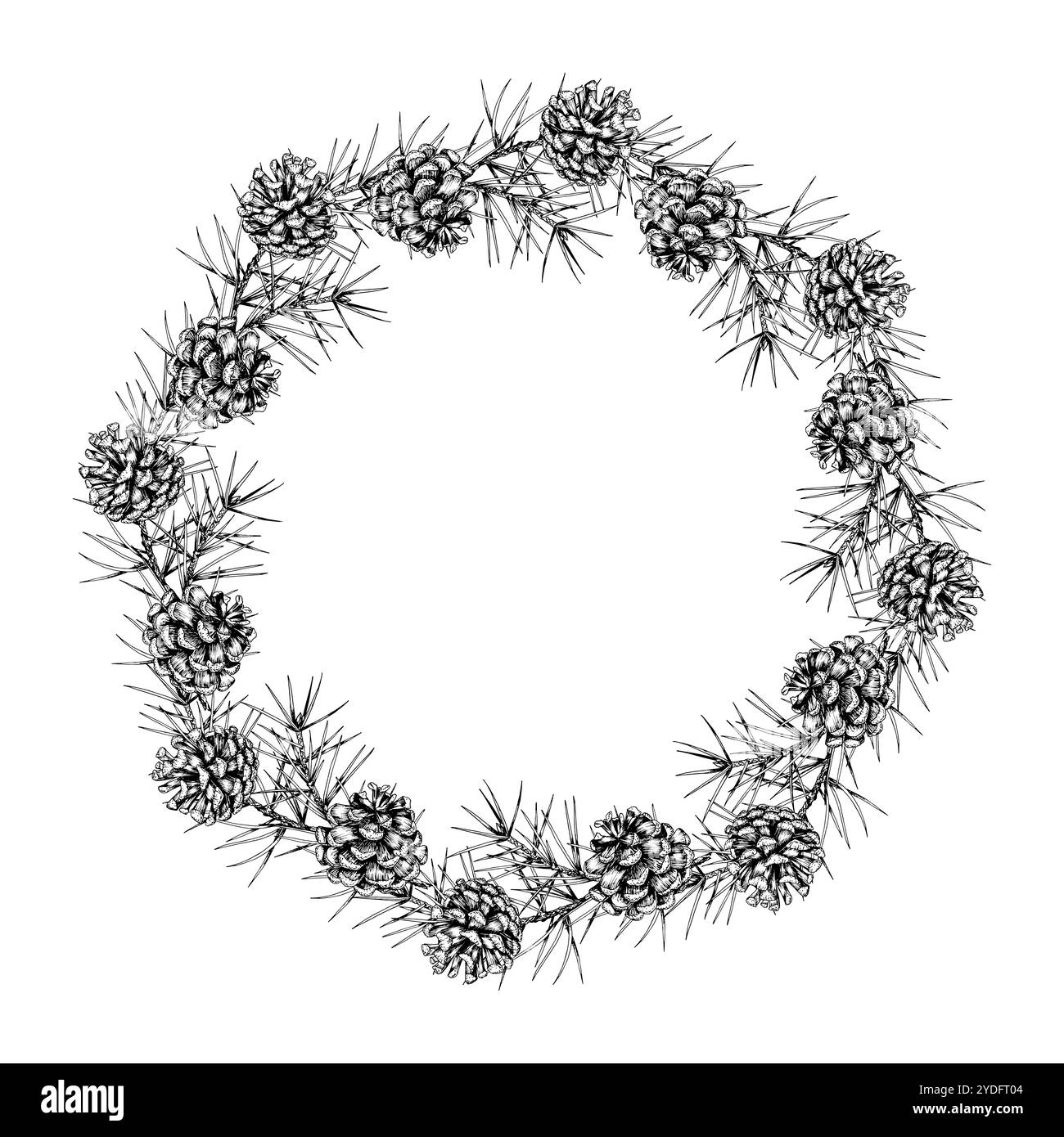 Couronne vectorielle dessinée à la main détaillée de branches et de cônes de pin. Cadre circulaire. Idéal pour les conceptions de vacances de Noël, les thèmes d'hiver, les invitations et Illustration de Vecteur