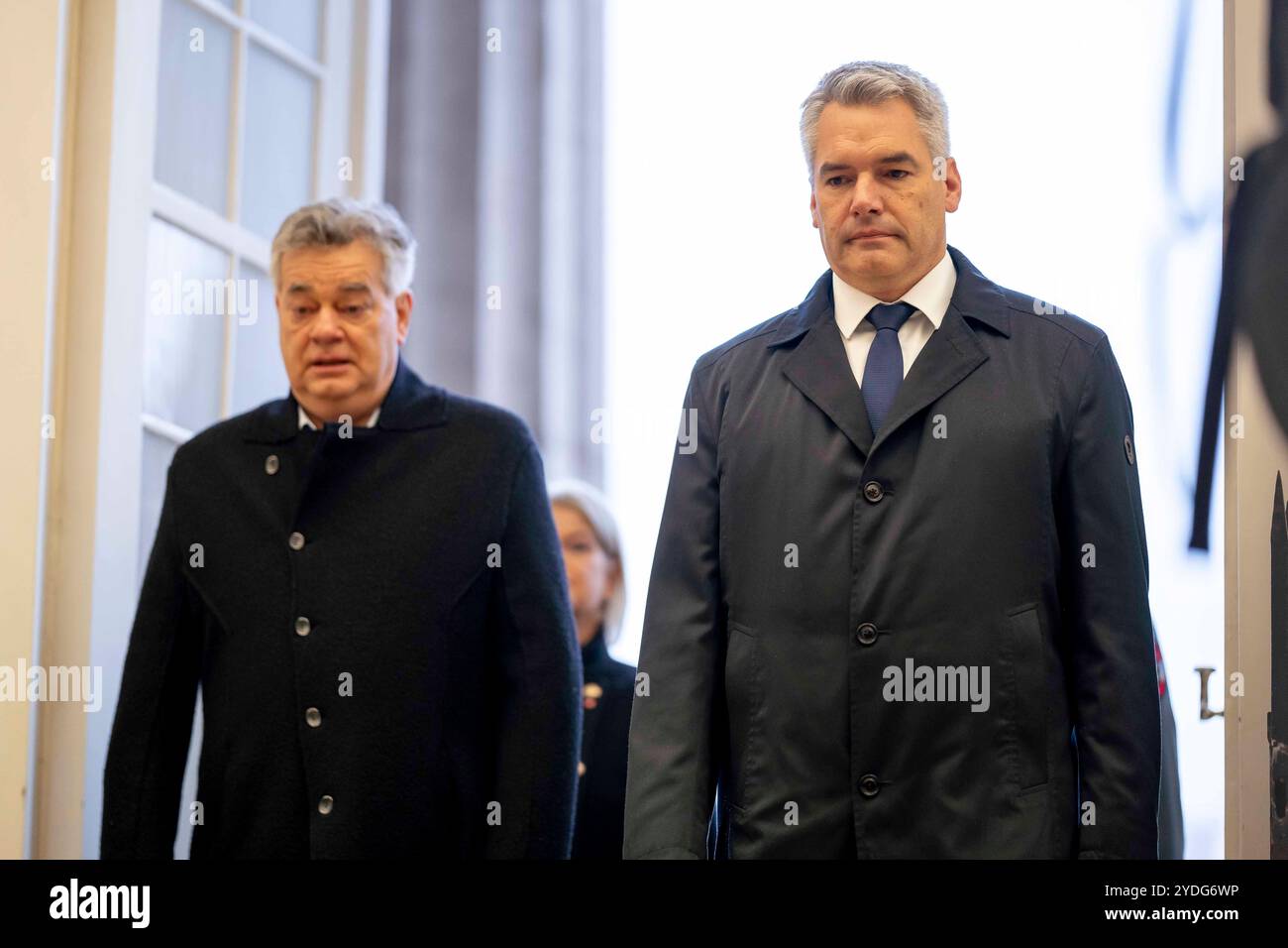 Cérémonie de dépôt de couronnes par le gouvernement fédéral autrichien, conduite par le chancelier fédéral KARL NEHAMMER et le vice-chancelier WERNER KOGLER, lors des célébrations de la fête de l'indépendance de l'Autriche à la Heldenplatz de Vienne, exposition des forces armées autrichiennes, Banque D'Images