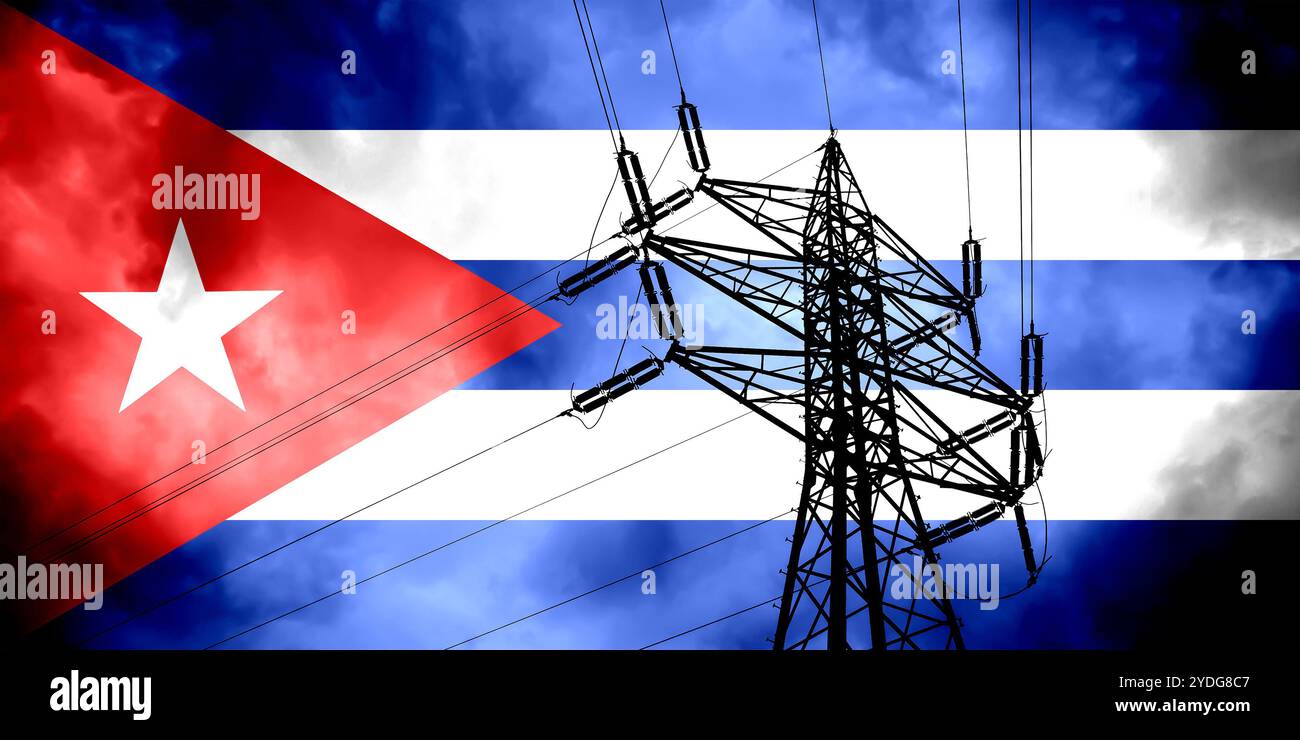 Crise énergétique cubaine, drapeau de Cuba sur fond de câblage électrique Banque D'Images
