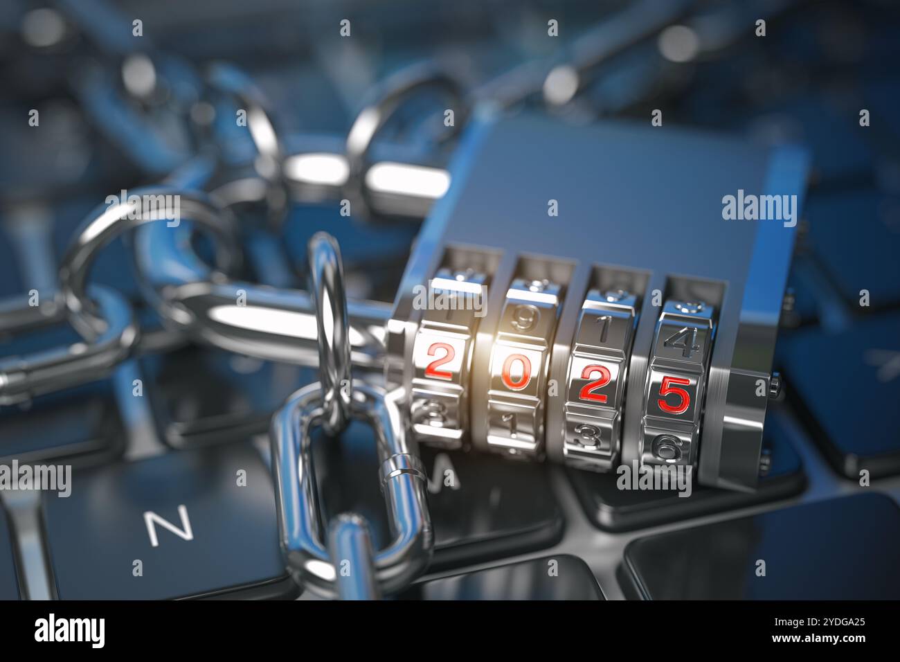Nouvel an 2025 code serrure. sur le clavier de l'ordinateur. Tendances de la cybersécurité et de la protection des données Internet 2025 concept. illustration 3d. Banque D'Images