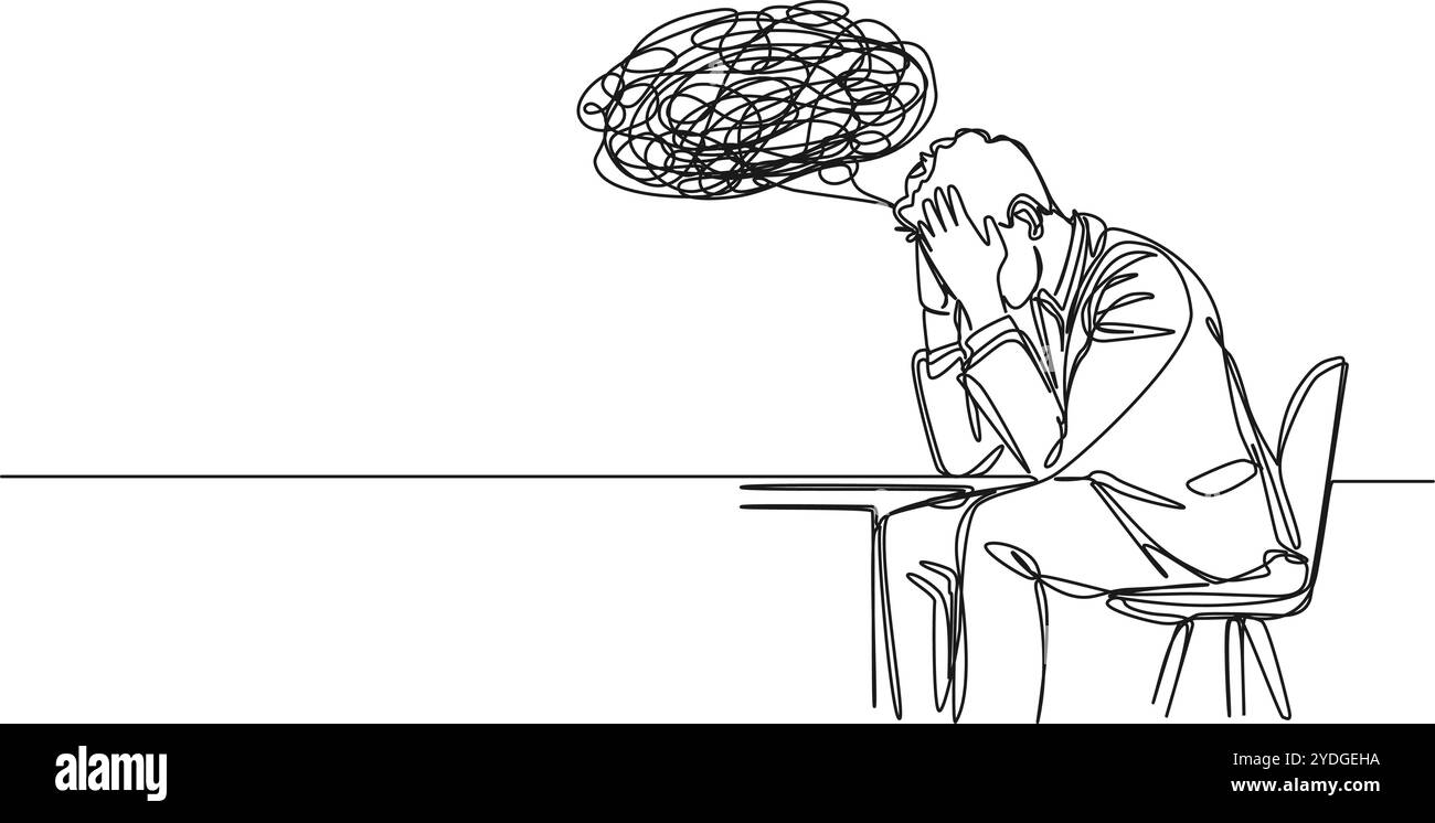 dessin en ligne simple continu de l'homme confus et stressé assis à la table, illustration vectorielle d'art au trait Illustration de Vecteur