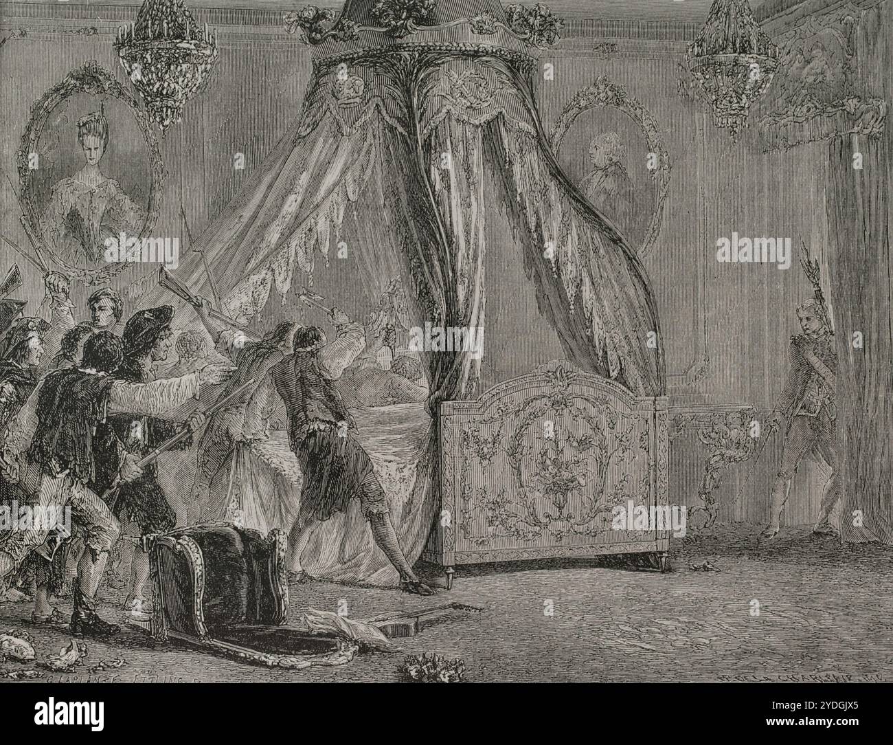 Révolution française. La Marche des femmes sur Versailles, également appelée Marche d'octobre (5-6 octobre 1789). Les événements ont commencé le 5 octobre 1789, parmi les femmes des places de marché de Paris qui protestaient contre les prix élevés, le prix élevé du pain et les demandes de réformes sociales. Les manifestants rejoignent les révolutionnaires qui réclament des réformes politiques libérales et une monarchie constitutionnelle pour la France. Par la suite, une foule de milliers de citoyens parisiens, encouragés par des agitateurs révolutionnaires, saccage l'arsenal de la ville et marche sur le château de Versailles, le assiégeant. Le lendemain, la démonstra Banque D'Images