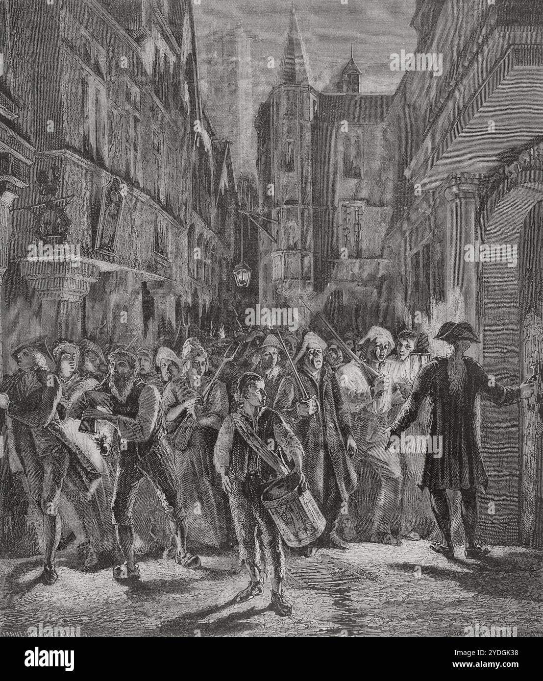 Révolution française. Paris dans la nuit du 14 juillet 1789. Les gens descendent dans la rue. Dessin de Hippolyte de la Charlerie. Gravure de Pannemaker-Ligny. "Histoire de la Révolution française". Volume I, 1876. Banque D'Images