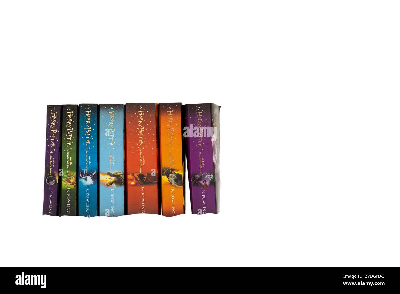 Harry Potter tous les livres. Toutes les parties des livres Harry Potter isolées sur fond blanc Banque D'Images