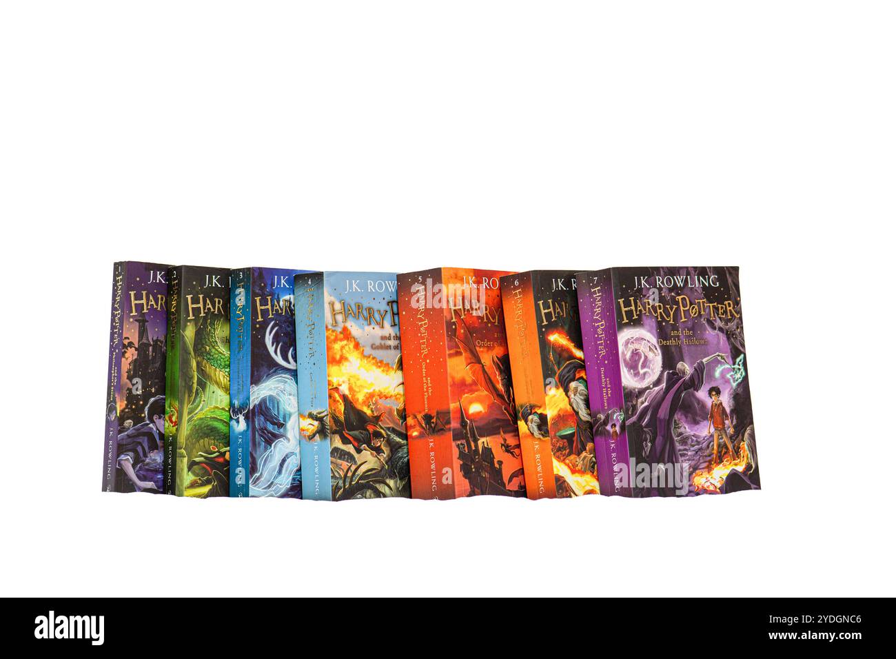 Harry Potter tous les livres. Toutes les parties des livres Harry Potter isolées sur fond blanc Banque D'Images