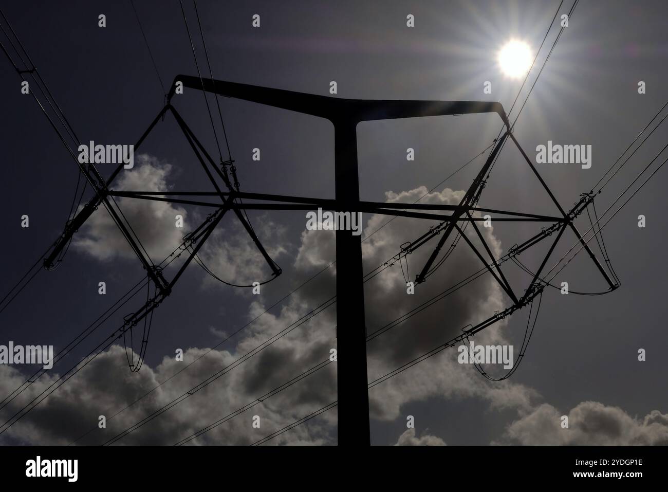 Les T-pylônes près de Portbury, Somerset, amènent l'électricité de Hinckley point à Severrnside. Banque D'Images