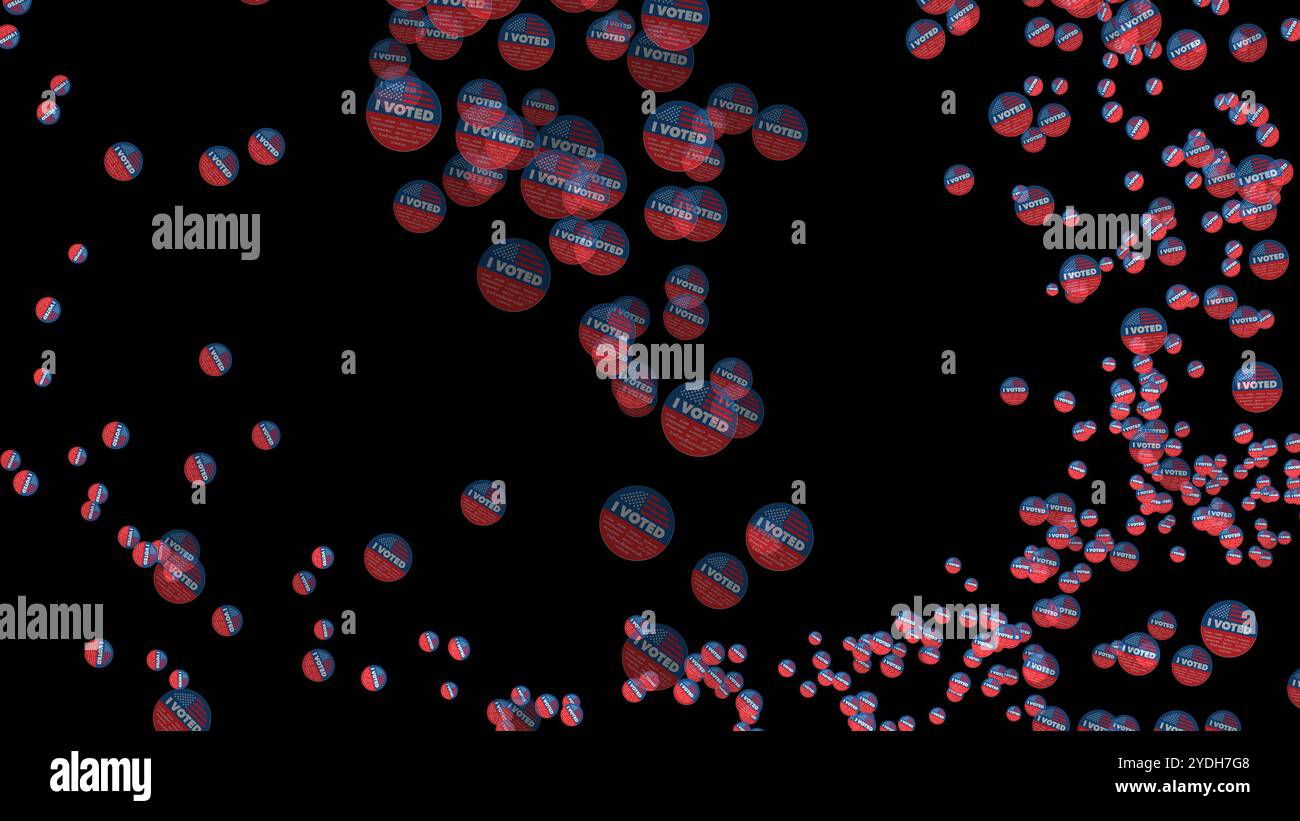 Spray abstrait d'autocollants rouges et bleus de cercle 'J'ai voté', avec différentes transparences, créant une image graphique liée à l'élection sur fond noir Banque D'Images Spray abstrait d'autocollants rouges et bleus de cercle 'J'ai voté', avec différentes transparences, créant une image graphique liée à l'élection sur fond noir Banque D'Images