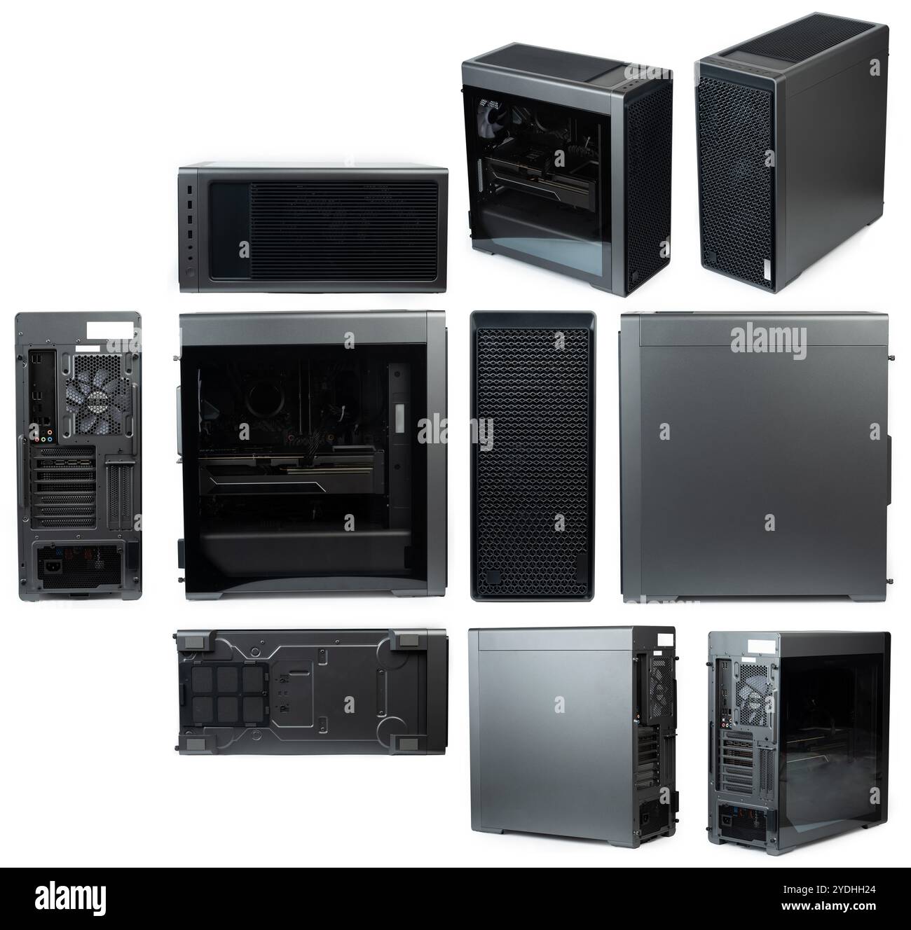 Tour de PC en métal différentes vues isolées sur fond blanc de studio Banque D'Images