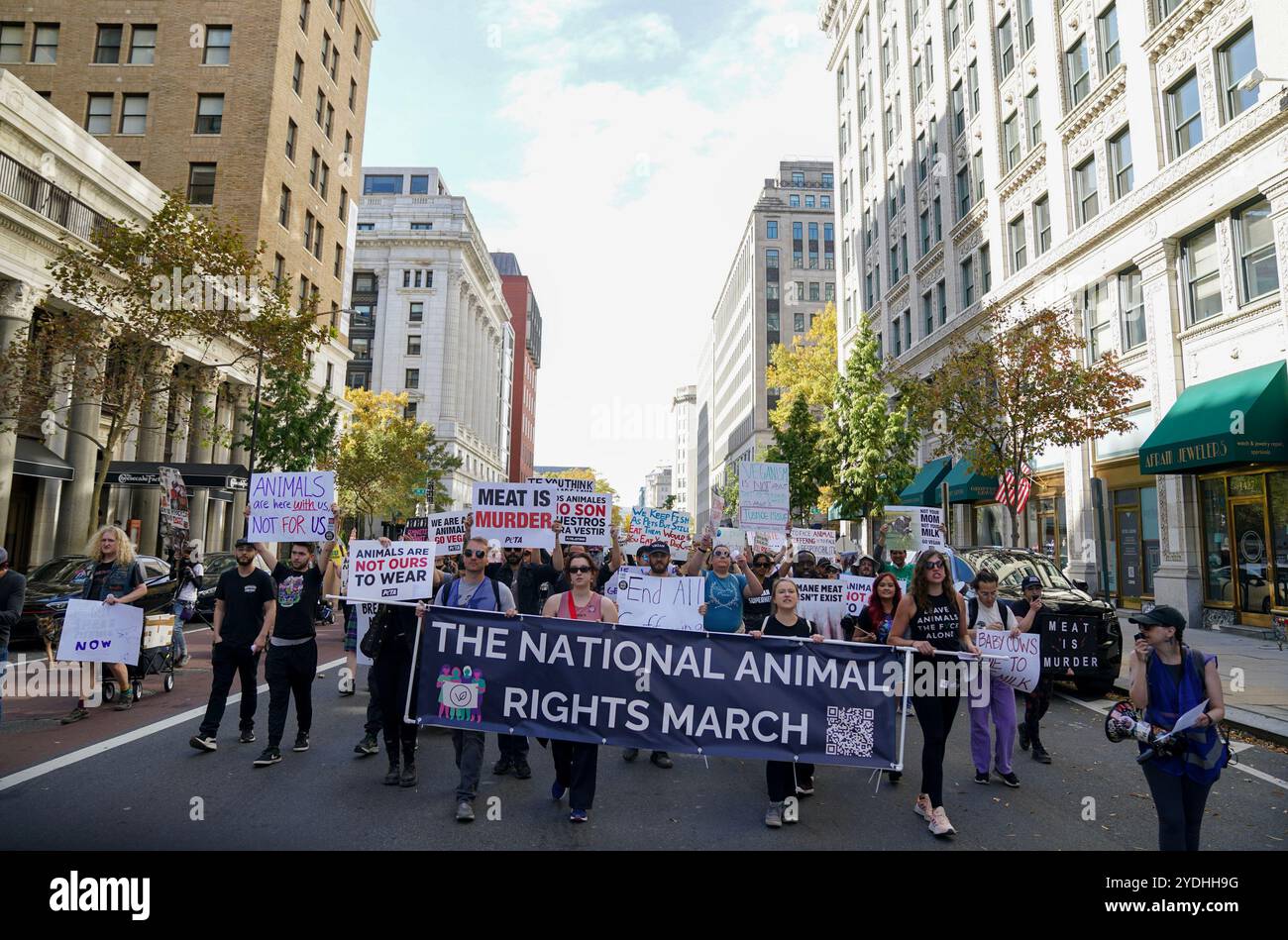 Washington, États-Unis. 26 octobre 2024. Les participants à la Marche nationale pour les droits des animaux marchent de Lafayette Square vers le National Mall le samedi 26 octobre 2024 à Washington DC. Les priorités en matière de droits des animaux et de bien-être des animaux ont été soulignées, notamment l'utilisation de fourrure dans la mode, les rafles de chevaux sauvages dans l'ouest des États-Unis, la consommation de viande, l'élevage industriel et laitier et les « brouillages » de porcs. Photo de Leigh Vogel/UPI crédit : UPI/Alamy Live News Banque D'Images