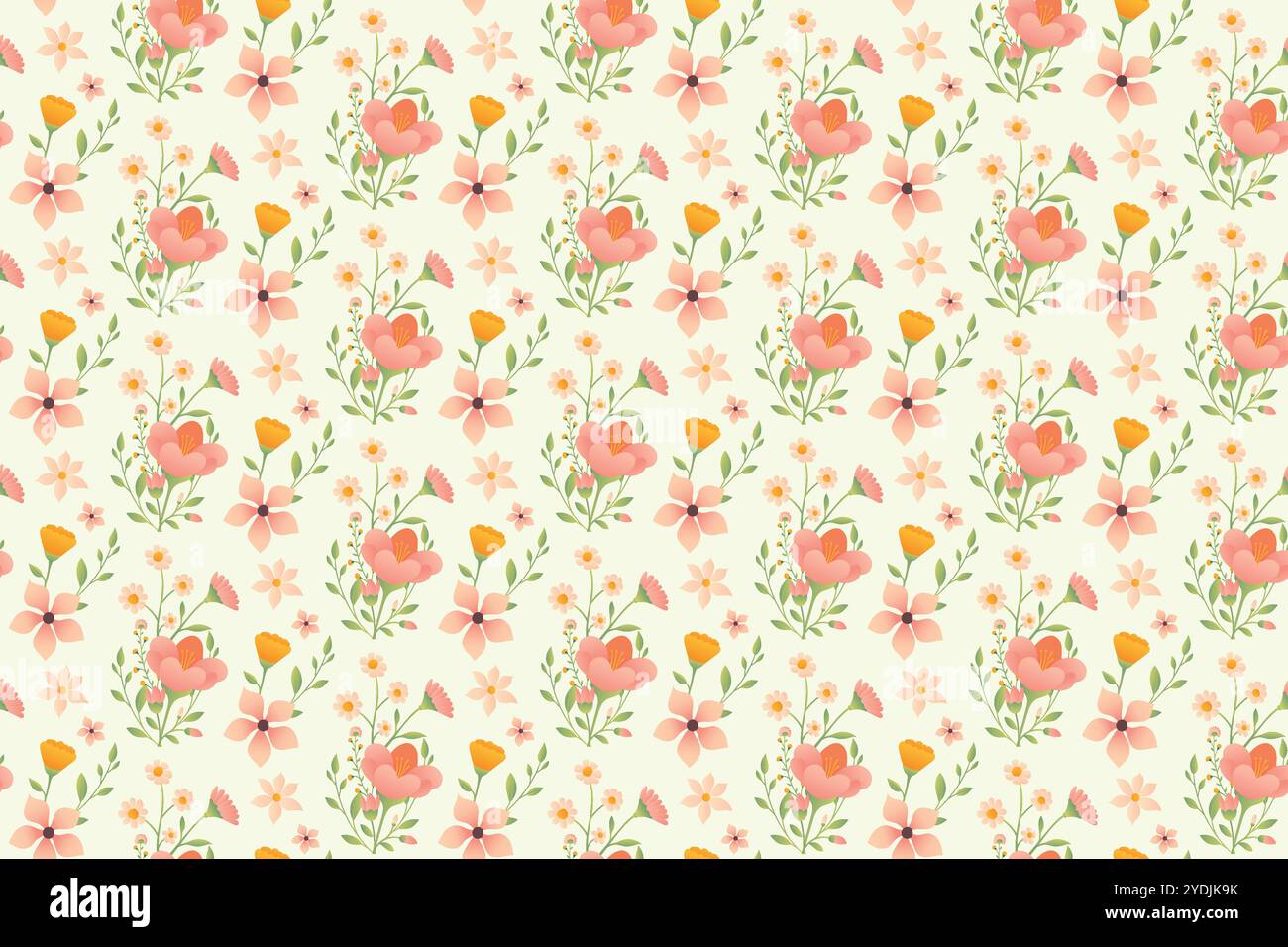 Un motif répétitif représentant diverses fleurs stylisées roses et oranges avec des feuilles vertes sur un fond vert clair. Illustration de Vecteur