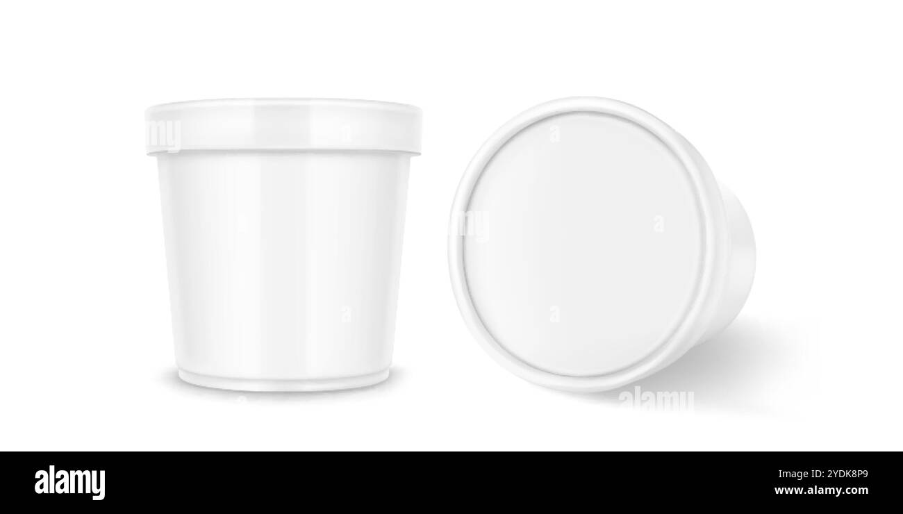 Récipient en plastique blanc debout et couché pour le stockage de crème glacée ou de yogourt. Ensemble réaliste d'illustration vectorielle 3d de maquette de seau de produits laitiers congelés Illustration de Vecteur