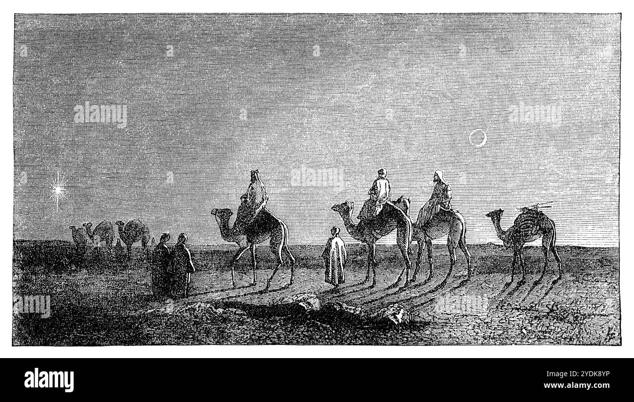 Gravure vintage des trois sages suivant l'étoile à Bethléem pour voir le Jésus Christ nouvellement né. De The Sunday at Home : a Family Magazine for Sabbath Reading 1872 Annual. Publié par la Religious Tract Society. Banque D'Images