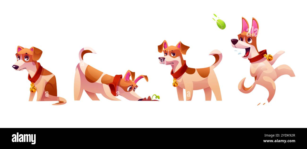 Ensemble d'émotions de chien isolé sur fond blanc. Illustration vectorielle de chiot Jack russell terrier assis seul et triste, reniflant sol, stan Illustration de Vecteur