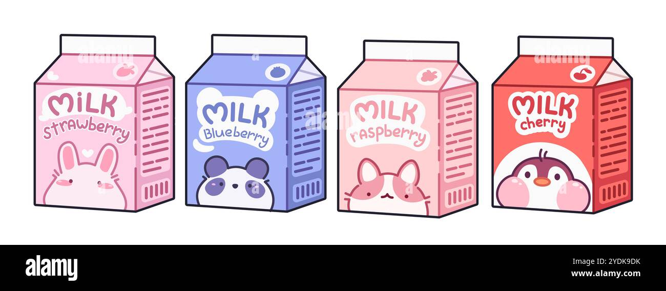 Paquet de carton de lait avec saveur de fruits et de baies et image de personnages d'animaux kawaii. Produit laitier de vecteur de dessin animé pour enfants avec lapin drôle mignon et Illustration de Vecteur