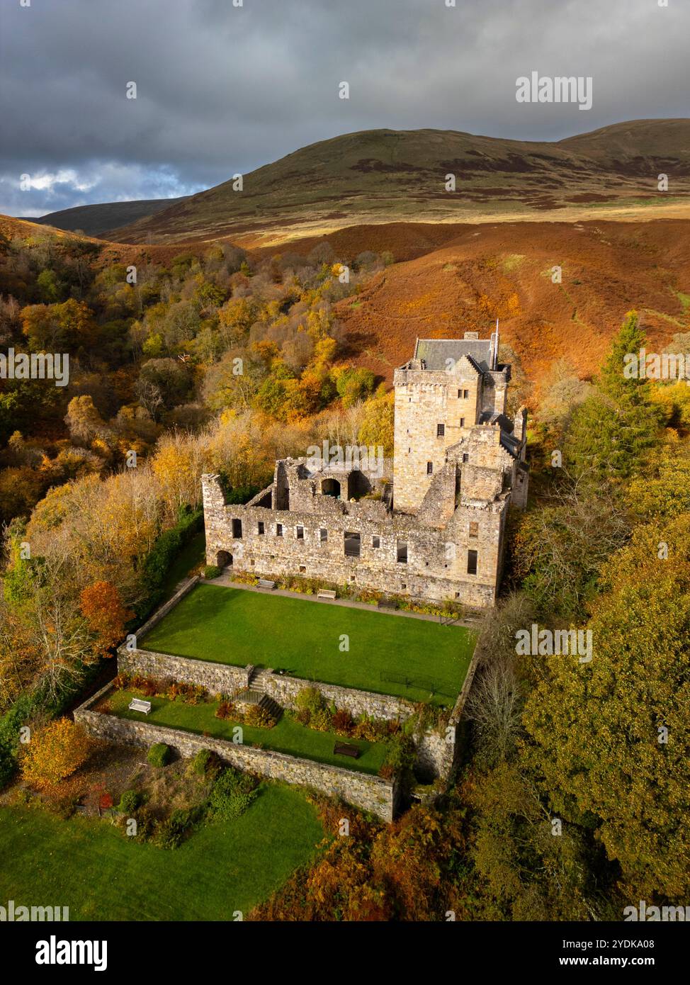 Dollar, Écosse, Royaume-Uni. 26 octobre 2024. Vue aérienne du château Campbell entouré de couleurs de fin d'automne dans les bois à Dollar Glen au-dessus de Dollar dans les collines d'Ochil, Clackmannanshire . Le château était le siège de plaine du duc d'Argyll, où Marie, reine d'Écosse a séjourné au XVIe siècle. Iain Masterton/ Alamy Live News Banque D'Images